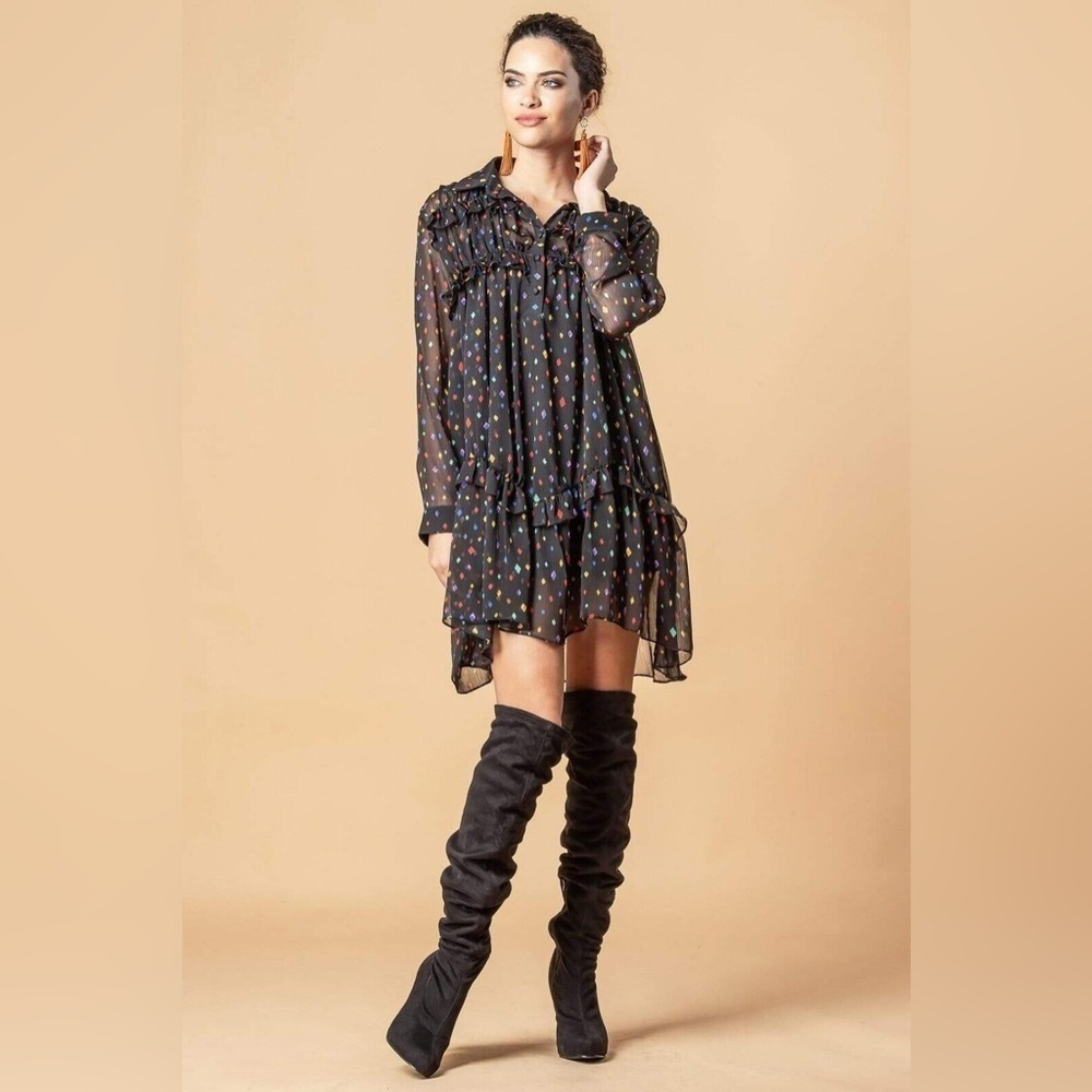 Eva Franco Black Rainbow Polka Dot Chiffon Ruffle Dress Size 4